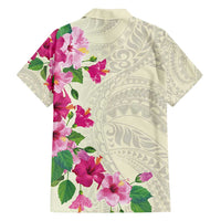 Hawaiian Hibiscus and Art Polynesian Tattoo Family Matching Off Shoulder Short Dress and Hawaiian Shirt Beige Color LT03 - Polynesian Pride