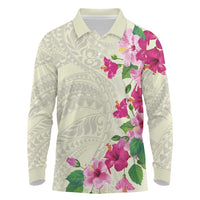 Hawaiian Hibiscus and Art Polynesian Tattoo Long Sleeve Polo Shirt Beige Color