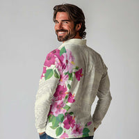 Hawaiian Hibiscus and Art Polynesian Tattoo Long Sleeve Polo Shirt Beige Color