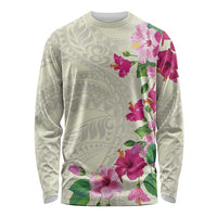 Hawaiian Hibiscus and Art Polynesian Tattoo Long Sleeve Shirt Beige Color