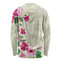 Hawaiian Hibiscus and Art Polynesian Tattoo Long Sleeve Shirt Beige Color
