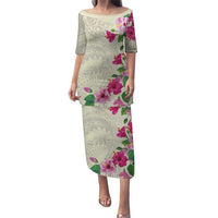 Hawaiian Hibiscus and Art Polynesian Tattoo Puletasi Beige Color LT03 Long Dress Beige - Polynesian Pride
