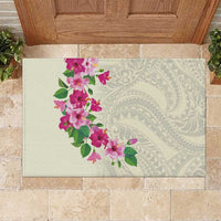 Hawaiian Hibiscus and Art Polynesian Tattoo Rubber Doormat Beige Color