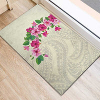 Hawaiian Hibiscus and Art Polynesian Tattoo Rubber Doormat Beige Color