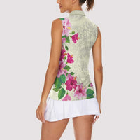 Hawaiian Hibiscus and Art Polynesian Tattoo Women Sleeveless Polo Shirt Beige Color