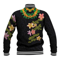 Hawaiian Lei Plumeria and Tropical Leaves Baseball Jacket Watercolor Style