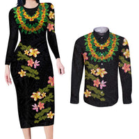 Hawaiian Lei Plumeria and Tropical Leaves Couples Matching Long Sleeve Bodycon Dress and Long Sleeve Button Shirt Watercolor Style LT03 Black - Polynesian Pride