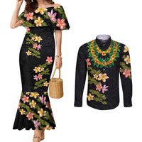 Hawaiian Lei Plumeria and Tropical Leaves Couples Matching Mermaid Dress and Long Sleeve Button Shirt Watercolor Style LT03 Black - Polynesian Pride