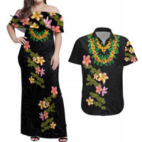 Hawaiian Lei Plumeria and Tropical Leaves Couples Matching Off Shoulder Maxi Dress and Hawaiian Shirt Watercolor Style LT03 Black - Polynesian Pride