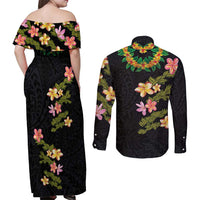 Hawaiian Lei Plumeria and Tropical Leaves Couples Matching Off Shoulder Maxi Dress and Long Sleeve Button Shirt Watercolor Style LT03 - Polynesian Pride