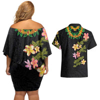 Hawaiian Lei Plumeria and Tropical Leaves Couples Matching Off Shoulder Short Dress and Hawaiian Shirt Watercolor Style LT03 - Polynesian Pride