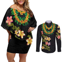 Hawaiian Lei Plumeria and Tropical Leaves Couples Matching Off Shoulder Short Dress and Long Sleeve Button Shirt Watercolor Style LT03 Black - Polynesian Pride
