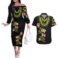 Hawaiian Lei Plumeria and Tropical Leaves Couples Matching Off The Shoulder Long Sleeve Dress and Hawaiian Shirt Watercolor Style LT03 Black - Polynesian Pride