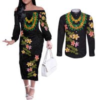 Hawaiian Lei Plumeria and Tropical Leaves Couples Matching Off The Shoulder Long Sleeve Dress and Long Sleeve Button Shirt Watercolor Style LT03 Black - Polynesian Pride