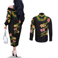 Hawaiian Lei Plumeria and Tropical Leaves Couples Matching Off The Shoulder Long Sleeve Dress and Long Sleeve Button Shirt Watercolor Style LT03 - Polynesian Pride