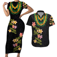 Hawaiian Lei Plumeria and Tropical Leaves Couples Matching Short Sleeve Bodycon Dress and Hawaiian Shirt Watercolor Style LT03 Black - Polynesian Pride
