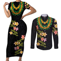 Hawaiian Lei Plumeria and Tropical Leaves Couples Matching Short Sleeve Bodycon Dress and Long Sleeve Button Shirt Watercolor Style LT03 Black - Polynesian Pride