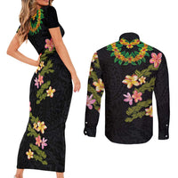 Hawaiian Lei Plumeria and Tropical Leaves Couples Matching Short Sleeve Bodycon Dress and Long Sleeve Button Shirt Watercolor Style LT03 - Polynesian Pride