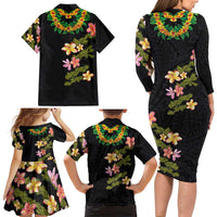 Hawaiian Lei Plumeria and Tropical Leaves Family Matching Long Sleeve Bodycon Dress and Hawaiian Shirt Watercolor Style LT03 - Polynesian Pride