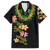 Hawaiian Lei Plumeria and Tropical Leaves Family Matching Off The Shoulder Long Sleeve Dress and Hawaiian Shirt Watercolor Style LT03 Dad's Shirt - Short Sleeve Black - Polynesian Pride