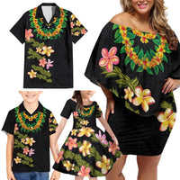 Hawaiian Lei Plumeria and Tropical Leaves Family Matching Off Shoulder Short Dress and Hawaiian Shirt Watercolor Style LT03 - Polynesian Pride