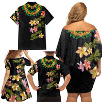 Hawaiian Lei Plumeria and Tropical Leaves Family Matching Off Shoulder Short Dress and Hawaiian Shirt Watercolor Style LT03 - Polynesian Pride