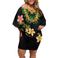 Hawaiian Lei Plumeria and Tropical Leaves Family Matching Off Shoulder Short Dress and Hawaiian Shirt Watercolor Style LT03 Mom's Dress Black - Polynesian Pride
