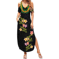 Hawaiian Lei Plumeria and Tropical Leaves Family Matching Summer Maxi Dress and Hawaiian Shirt Watercolor Style LT03 Mom's Dress Black - Polynesian Pride