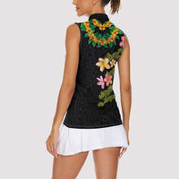Hawaiian Lei Plumeria and Tropical Leaves Women Sleeveless Polo Shirt Watercolor Style LT03 - Polynesian Pride