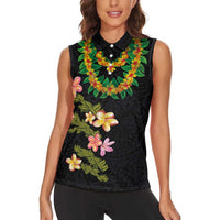 Hawaiian Lei Plumeria and Tropical Leaves Women Sleeveless Polo Shirt Watercolor Style LT03 - Polynesian Pride