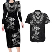 Hawaiian Lei Plumeria and Tropical Leaves Couples Matching Long Sleeve Bodycon Dress and Hawaiian Shirt Watercolor Style-Grayscale LT03 Black - Polynesian Pride