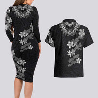 Hawaiian Lei Plumeria and Tropical Leaves Couples Matching Long Sleeve Bodycon Dress and Hawaiian Shirt Watercolor Style-Grayscale LT03 - Polynesian Pride