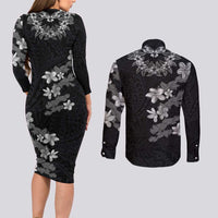 Hawaiian Lei Plumeria and Tropical Leaves Couples Matching Long Sleeve Bodycon Dress and Long Sleeve Button Shirt Watercolor Style-Grayscale LT03 - Polynesian Pride