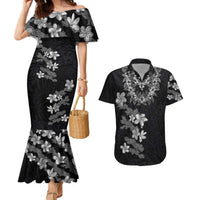 Hawaiian Lei Plumeria and Tropical Leaves Couples Matching Mermaid Dress and Hawaiian Shirt Watercolor Style-Grayscale LT03 Black - Polynesian Pride