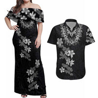 Hawaiian Lei Plumeria and Tropical Leaves Couples Matching Off Shoulder Maxi Dress and Hawaiian Shirt Watercolor Style-Grayscale LT03 Black - Polynesian Pride