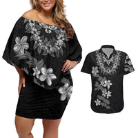 Hawaiian Lei Plumeria and Tropical Leaves Couples Matching Off Shoulder Short Dress and Hawaiian Shirt Watercolor Style-Grayscale LT03 Black - Polynesian Pride