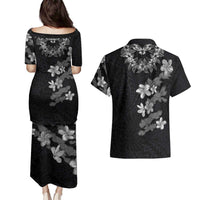 Hawaiian Lei Plumeria and Tropical Leaves Couples Matching Puletasi and Hawaiian Shirt Watercolor Style-Grayscale LT03 - Polynesian Pride