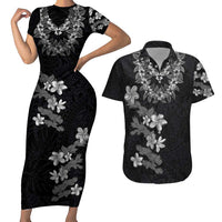 Hawaiian Lei Plumeria and Tropical Leaves Couples Matching Short Sleeve Bodycon Dress and Hawaiian Shirt Watercolor Style-Grayscale LT03 Black - Polynesian Pride