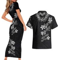 Hawaiian Lei Plumeria and Tropical Leaves Couples Matching Short Sleeve Bodycon Dress and Hawaiian Shirt Watercolor Style-Grayscale LT03 - Polynesian Pride