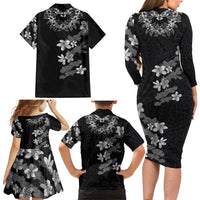Hawaiian Lei Plumeria and Tropical Leaves Family Matching Long Sleeve Bodycon Dress and Hawaiian Shirt Watercolor Style-Grayscale LT03 - Polynesian Pride