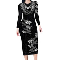 Hawaiian Lei Plumeria and Tropical Leaves Family Matching Long Sleeve Bodycon Dress and Hawaiian Shirt Watercolor Style-Grayscale LT03 Mom's Dress Black - Polynesian Pride