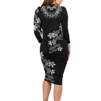 Hawaiian Lei Plumeria and Tropical Leaves Family Matching Long Sleeve Bodycon Dress and Hawaiian Shirt Watercolor Style-Grayscale LT03 - Polynesian Pride