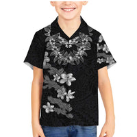 Hawaiian Lei Plumeria and Tropical Leaves Family Matching Mermaid Dress and Hawaiian Shirt Watercolor Style-Grayscale LT03 Son's Shirt Black - Polynesian Pride