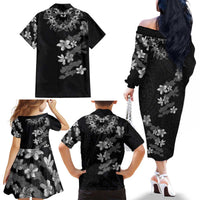 Hawaiian Lei Plumeria and Tropical Leaves Family Matching Off The Shoulder Long Sleeve Dress and Hawaiian Shirt Watercolor Style-Grayscale LT03 - Polynesian Pride