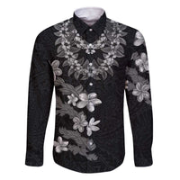 Hawaiian Lei Plumeria and Tropical Leaves Family Matching Off The Shoulder Long Sleeve Dress and Hawaiian Shirt Watercolor Style-Grayscale LT03 Dad's Shirt - Long Sleeve Black - Polynesian Pride