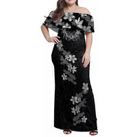 Hawaiian Lei Plumeria and Tropical Leaves Family Matching Off Shoulder Maxi Dress and Hawaiian Shirt Watercolor Style-Grayscale LT03 Mom's Dress Black - Polynesian Pride