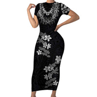 Hawaiian Lei Plumeria and Tropical Leaves Family Matching Short Sleeve Bodycon Dress and Hawaiian Shirt Watercolor Style-Grayscale LT03 Mom's Dress Black - Polynesian Pride