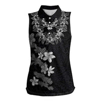 Hawaiian Lei Plumeria and Tropical Leaves Women Sleeveless Polo Shirt Watercolor Style-Grayscale LT03 Female Black - Polynesian Pride