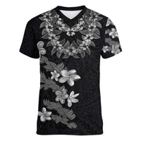 Hawaiian Lei Plumeria and Tropical Leaves Women V-Neck T-Shirt Watercolor Style-Grayscale