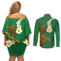 Hawaii Turtle Plumeria Flower Couples Matching Off Shoulder Short Dress and Long Sleeve Button Shirt Polynesian Pattern Green Color